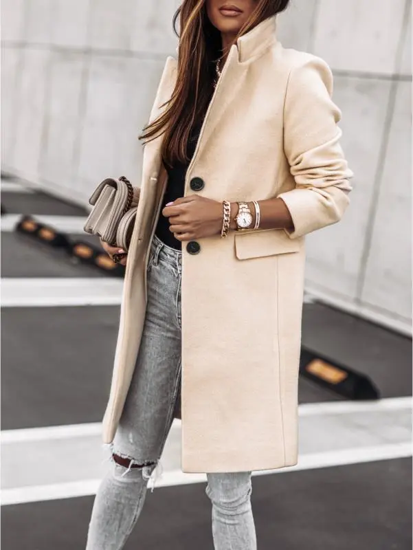 Autumn And Winter Simplicity Long Sleeve Button Woolen Coat Beige - Shop at LoveMi