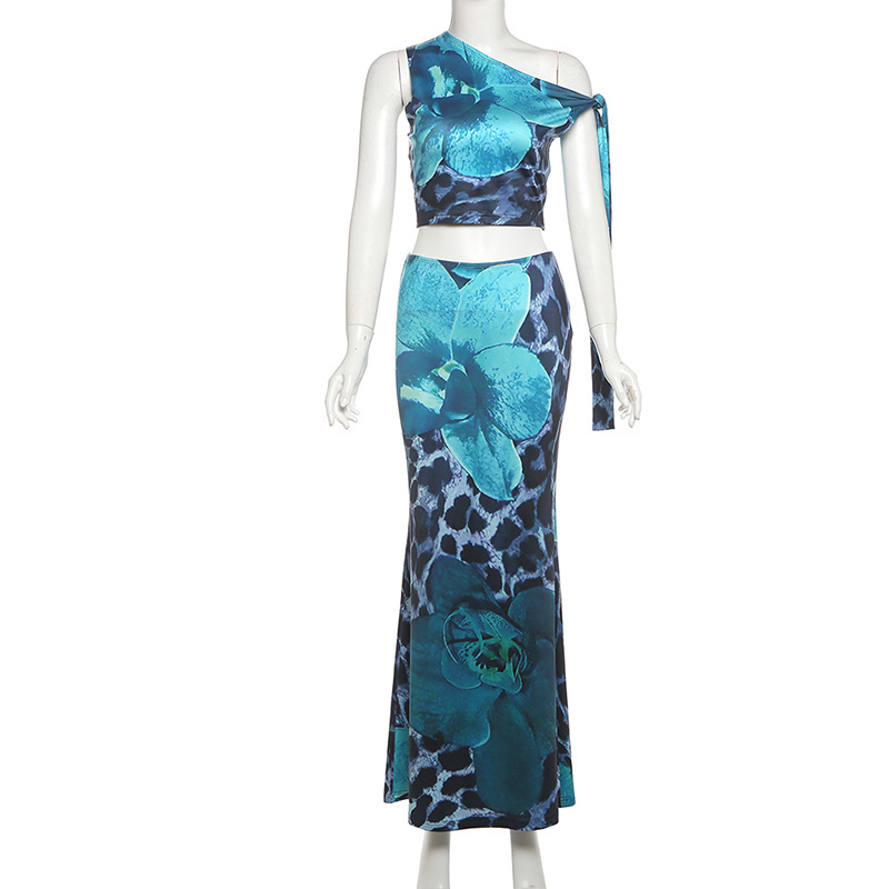 Contrast Color Leopard Print Flower Print Sleeveless Midriff baring Long Dress Suit Blue - Shop at LoveMi
