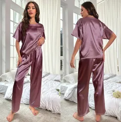 Loose Casual Ice Silk Short Sleeve Trousers Pyjamas Suit - Dark Purple - View 1