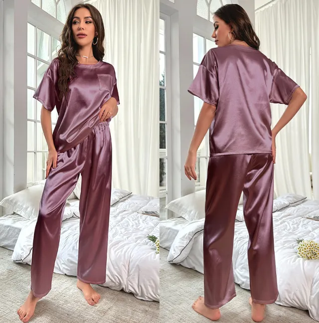 Loose Casual Ice Silk Short Sleeve Trousers Pajamas Suit Dark Purple - Shop at LoveMi