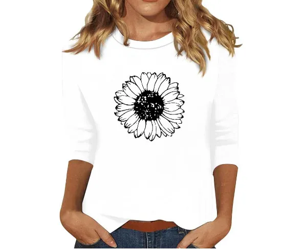 New Women's Clothing Round Neck 34 Sleeves Loose Print T-shirt - 0064 Style-3Xl