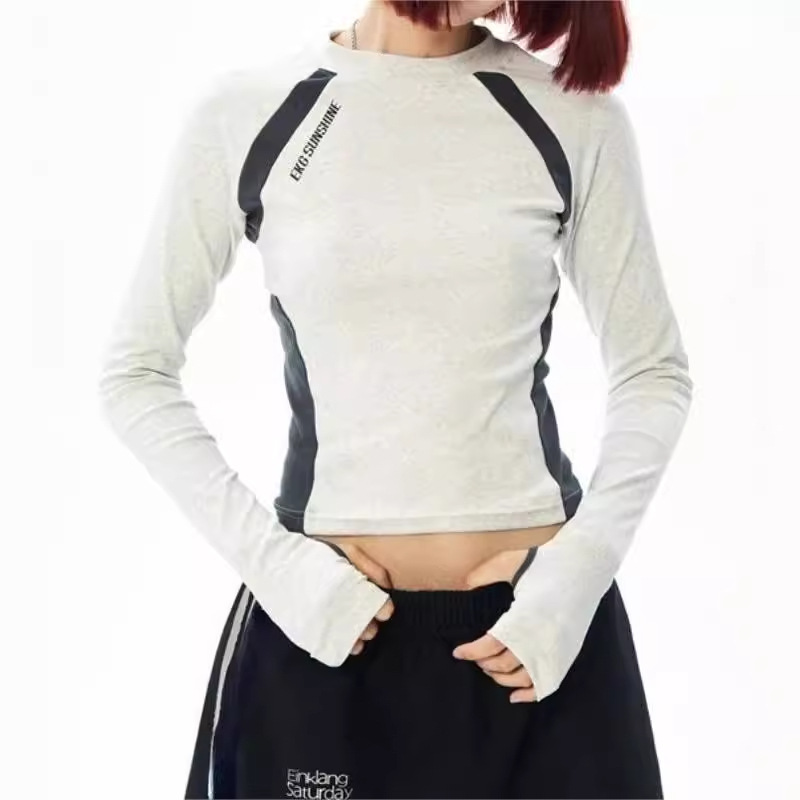 American Retro Hot Girl Short Printing Color Contrast Round Neck Long Sleeve