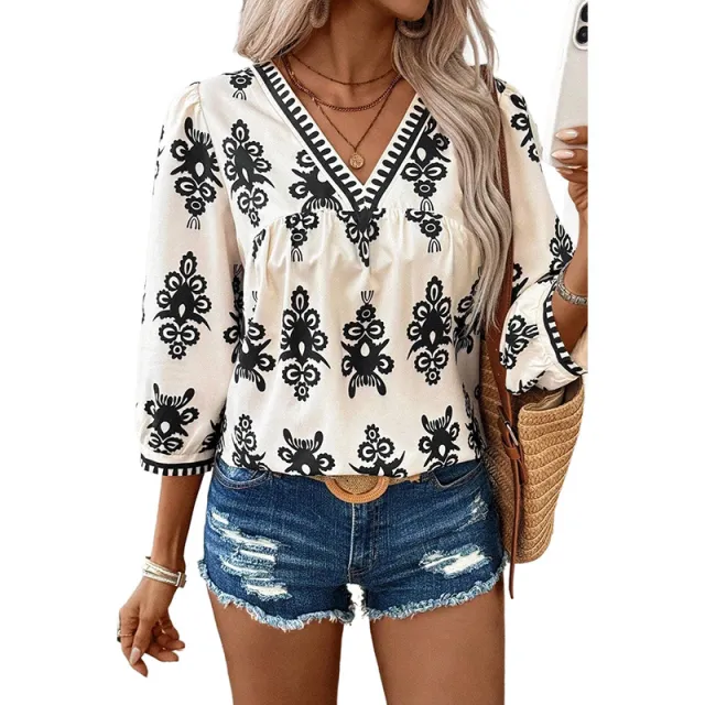 Beautiful Bohemian Retro Printed 34 Sleeves Top White - Shop at LoveMi