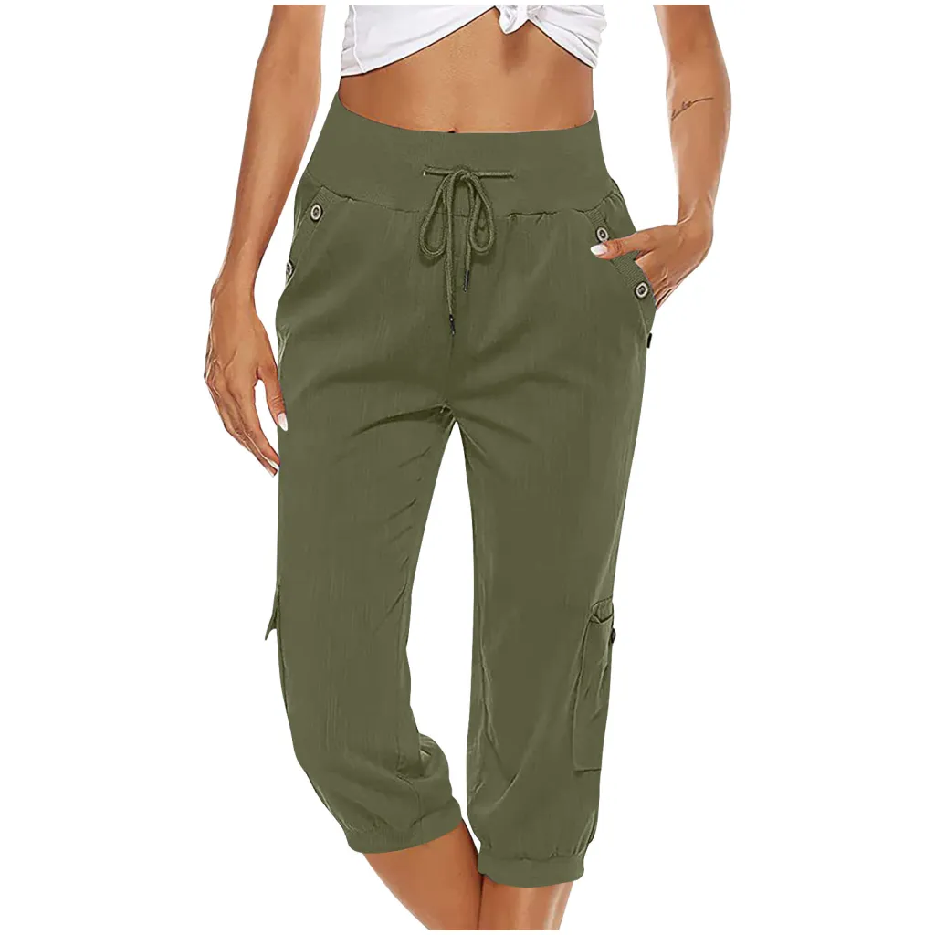 European And American Ladies Solid Color Drawstring Loose Leisure Workwear Wide Leg Straight Cropped Pants - Army Green