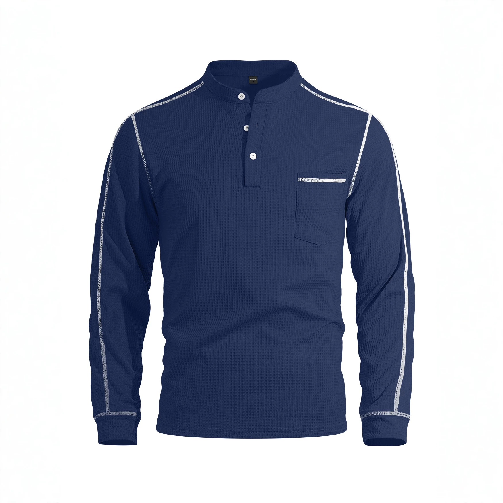 Mens Waffle-Texture Henley-Neck Long-Sleeve Polo Shirt