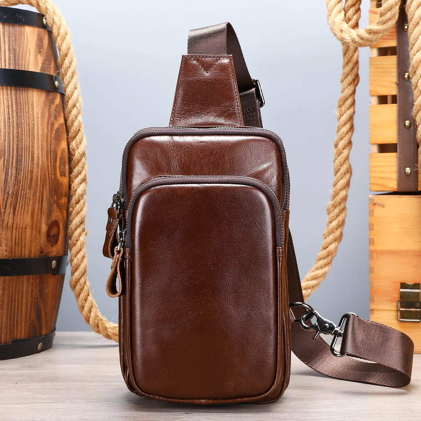 Genuine Leather Men's Crossbody Chest Bag