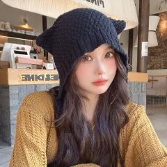 Women's Autumn And Winter Cute Earflaps Woolen Cap - Black - View 1