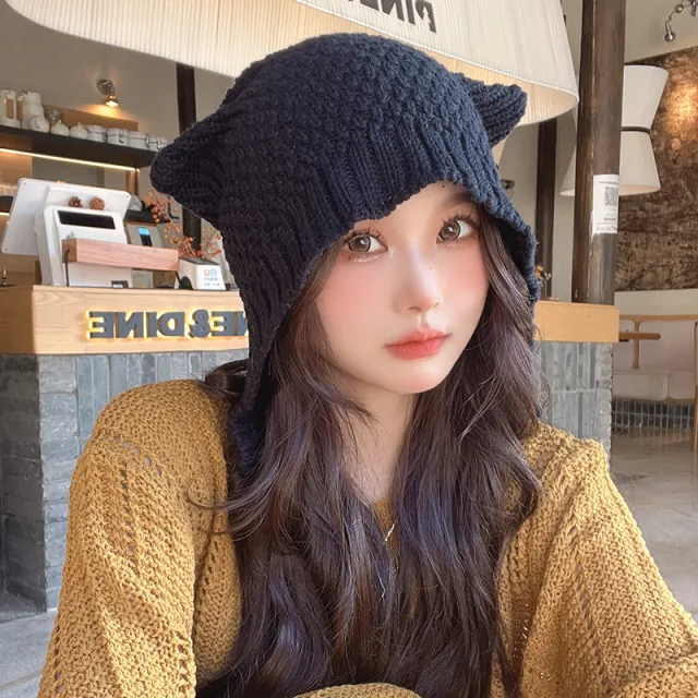 Women's Autumn And Winter Cute Earflaps Woolen Cap Black - Shop at LoveMi