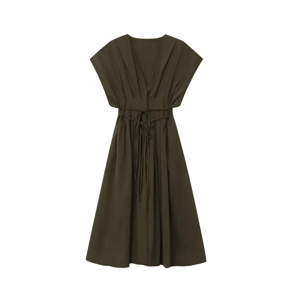 Summer New Women's Fashion Pleated Draped Short Sleeve Midi Skirt Dress - Picture Color-L