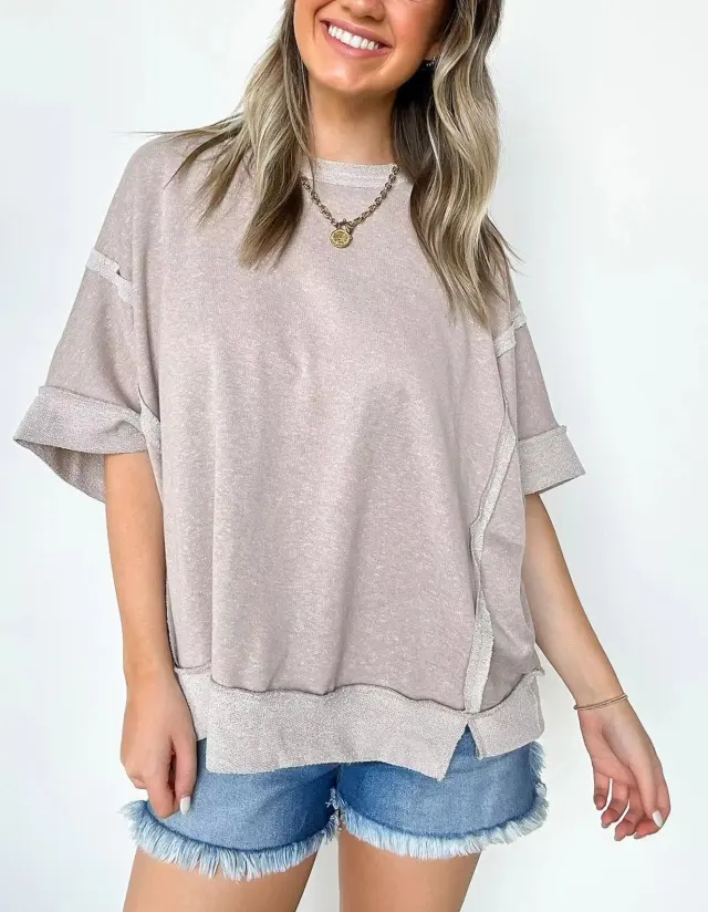 New Round Neck Loose Patchwork Sweater T shirt Brown - Shop at LoveMi