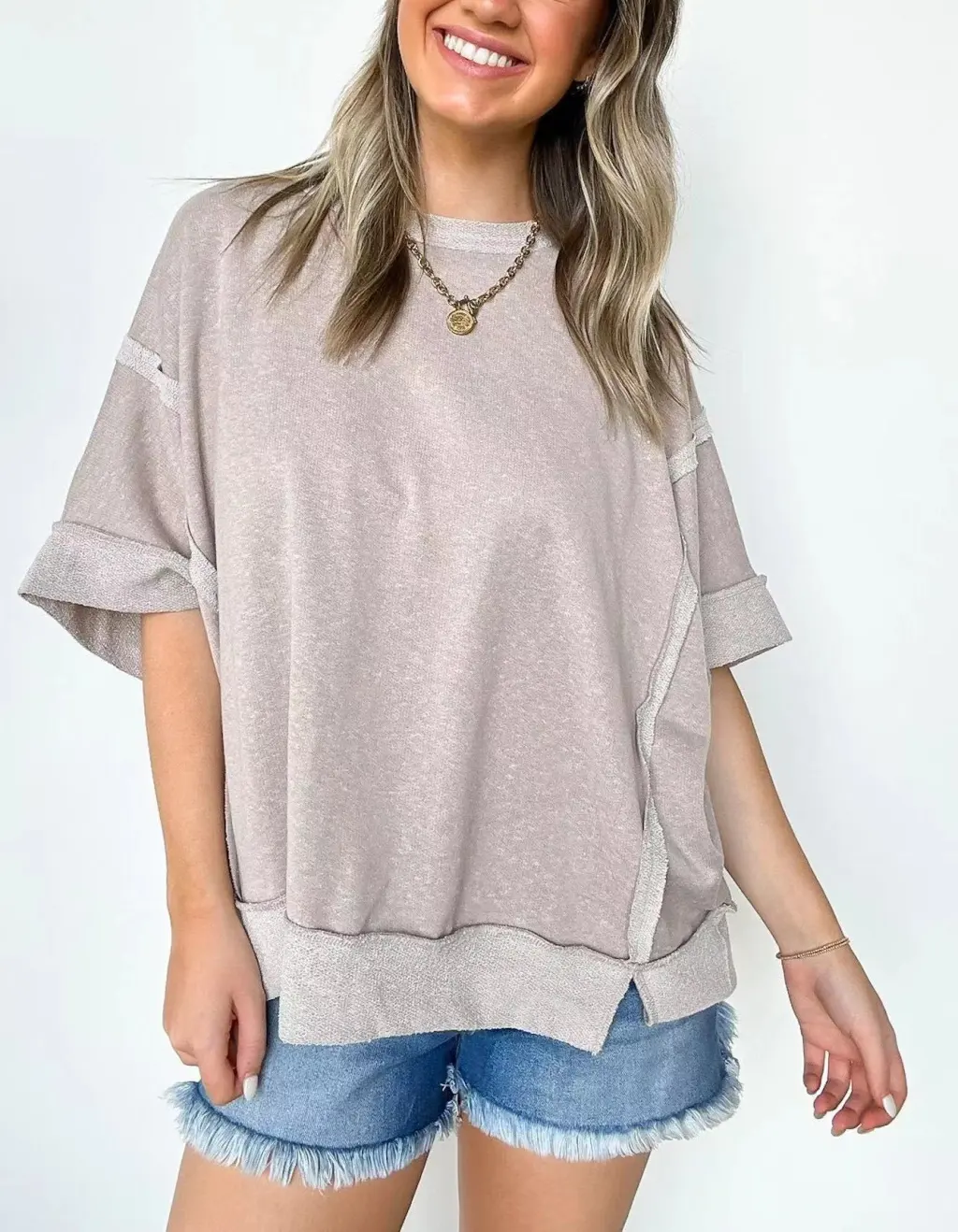 New Round Neck Loose Patchwork Sweater T-shirt - Brown