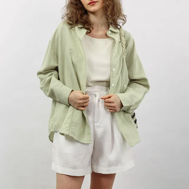 Linen Shirt French Hollow Embroidered Loose Long Sleeve Blouse Green - Shop at LoveMi