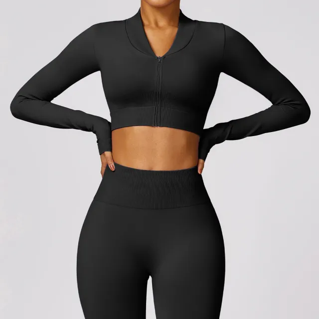 Winter Tight Seamless Long sleeved Yoga Jacket Black - Shop at LoveMi