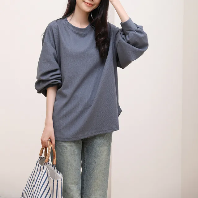 Autumn Waffle Women's T shirt Round Neck Solid Color Gray Blue - Shop at LoveMi