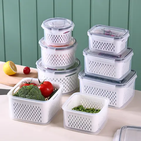 Double-layer Draining Plastic Food Storage Container Set