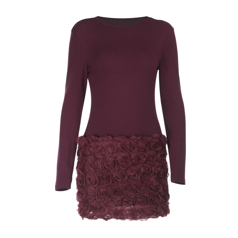 Three dimensional Floral Patchwork Long sleeve Dress Wine - Shop at LoveMi