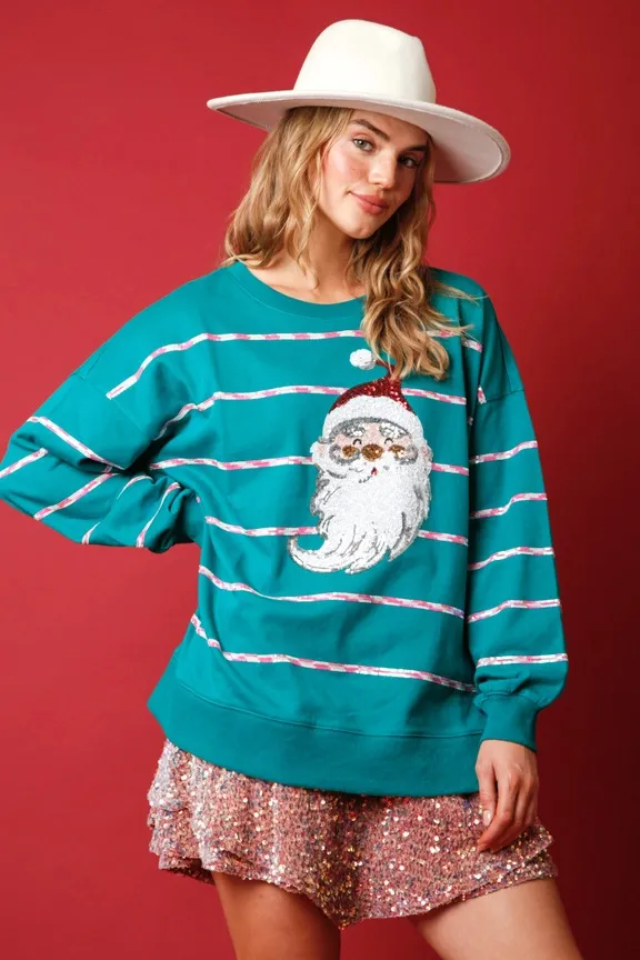 Christmas Sequined Top Striped Long Sleeve Peacock Blue - Shop at LoveMi