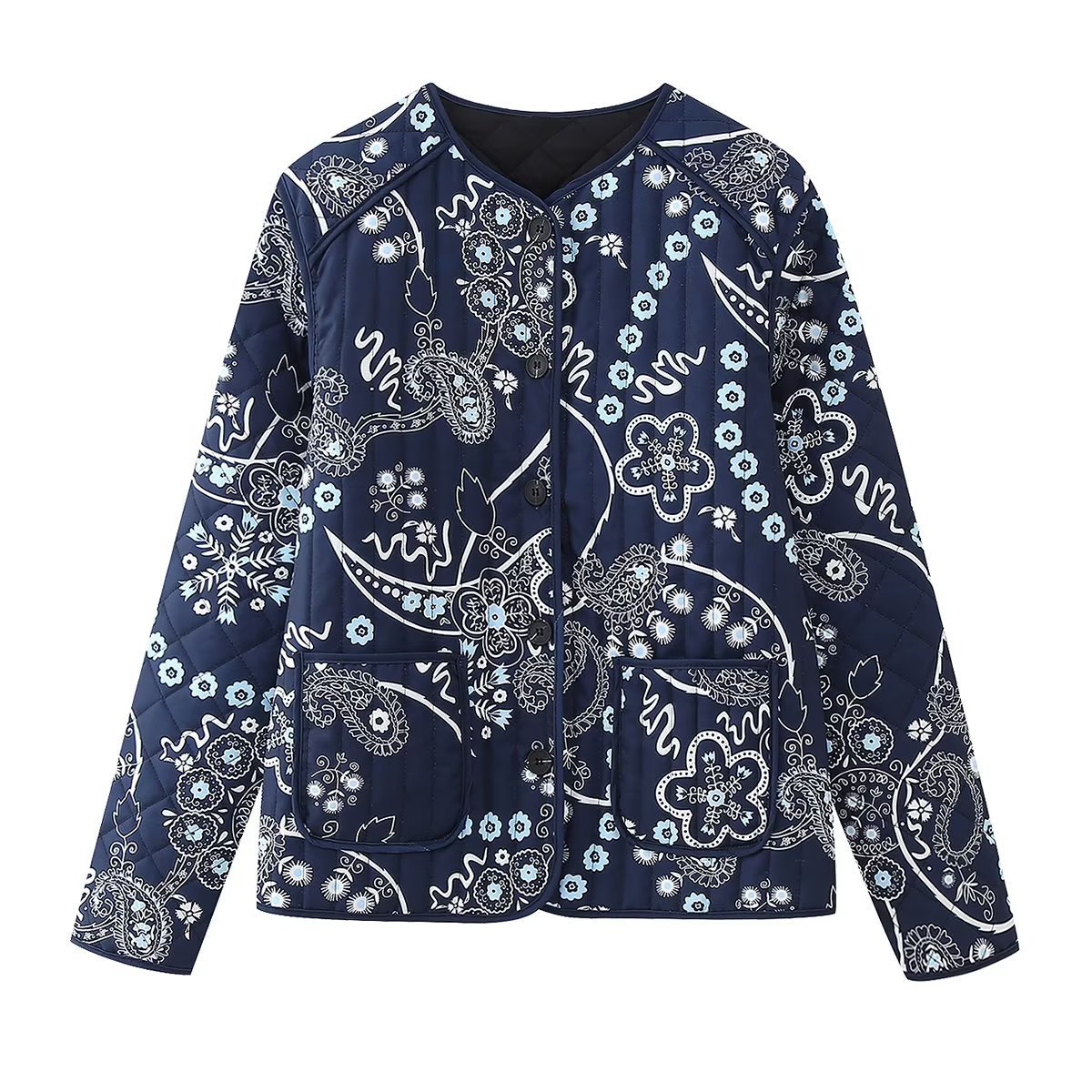 Winter Quilted Cotton Printed Round Neck Cotton Coat For Women Navy - Shop at LoveMi
