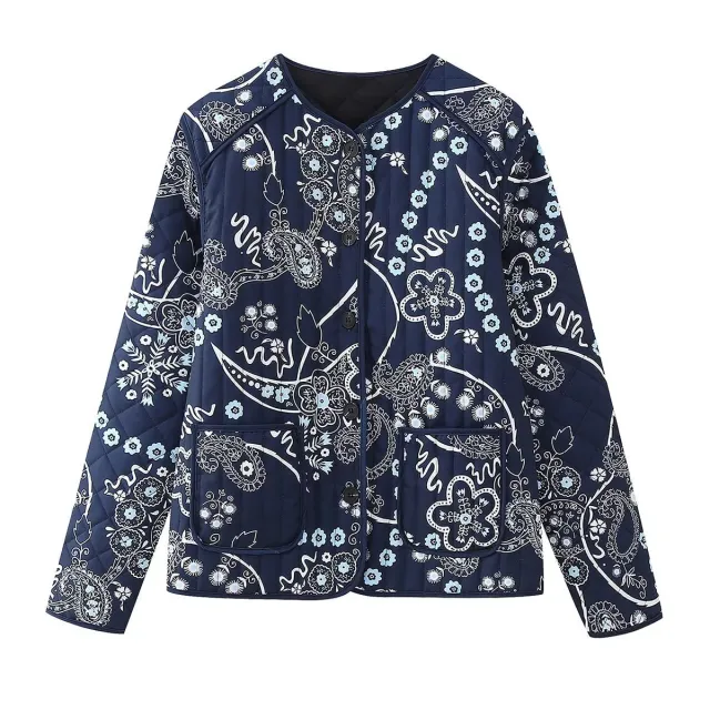 Winter Quilted Cotton Printed Round Neck Cotton Coat For Women Navy Blue - Shop at LoveMi