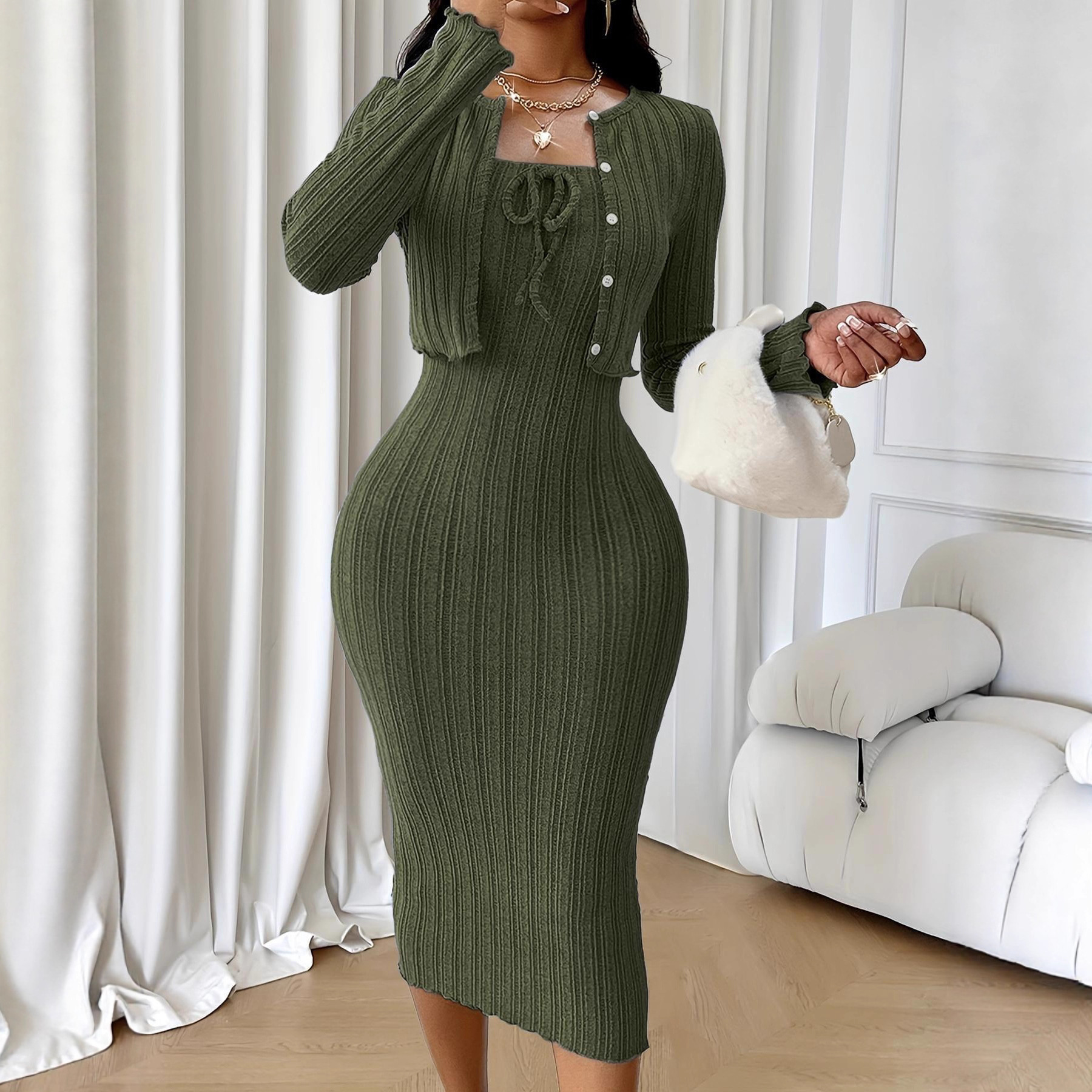 Women's Solid-Color French-Style Slim-Fit Knitted Dress Set - Image 3