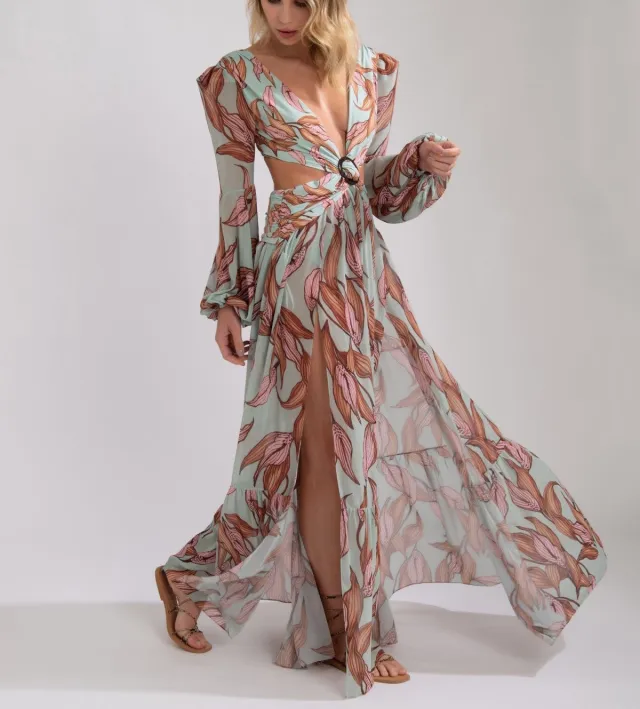 Fashion Printed Lantern Long Sleeve V neck Slit Dress Sky Blue - Shop at LoveMi