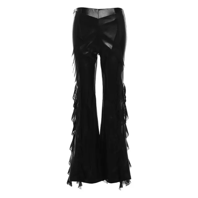 Mesh Stitching Design PU Leather Bootleg Pants Female Black - Shop at LoveMi