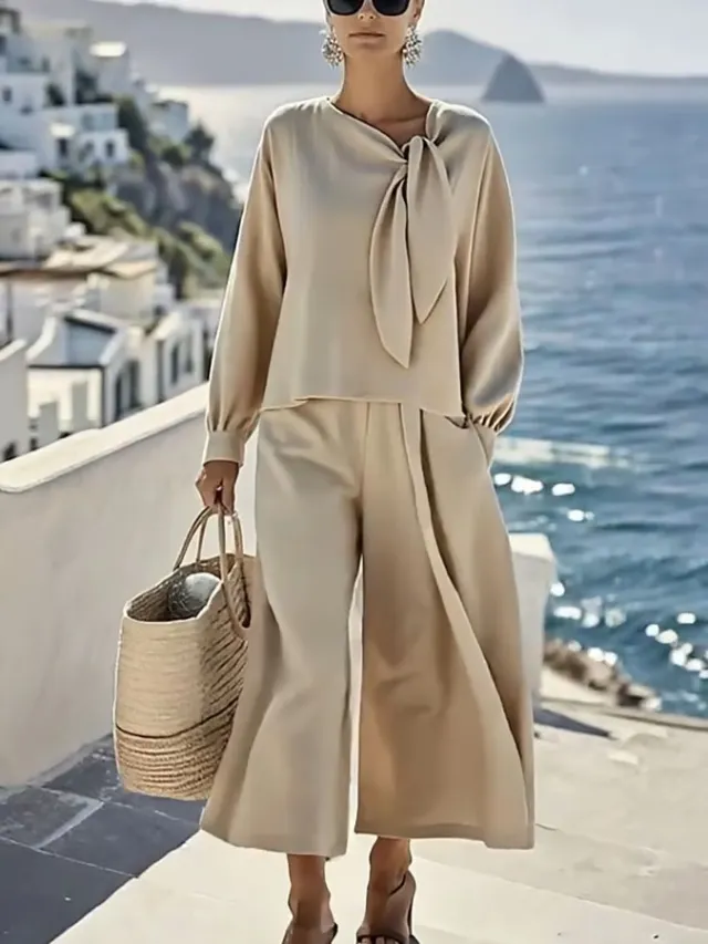 Women's Casual Solid Color Long Sleeve Top And Pants Two Piece Set Apricot - Shop at LoveMi