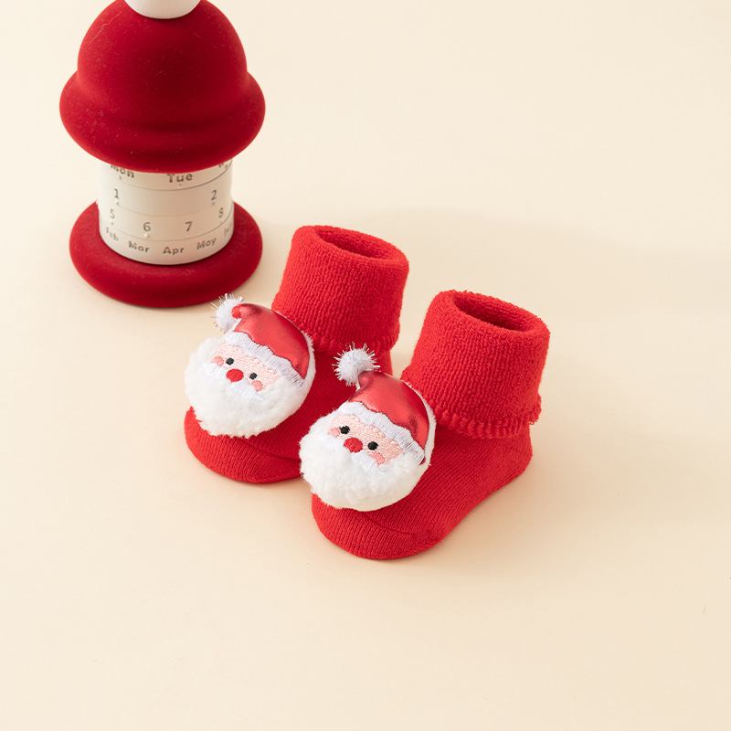 Babys Cozy Fleece-lined Thickened Pure-cotton Red Floor Socks For Fall And Winter