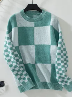 Autumn New Personality Slim Fit Colour Matching Plaid Knitted Sweater - Green - View 1