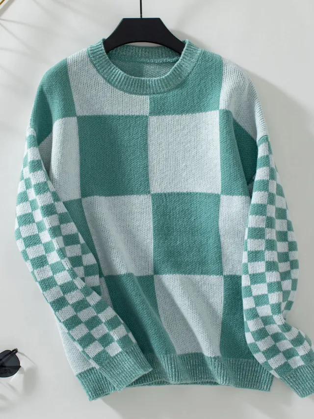 Autumn New Personality Slim Fit Color Matching Plaid Knitted Sweater Green - Shop at LoveMi