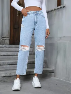 Women's Casual Loose Straight Ripped Denim Trousers - Blue - View 1