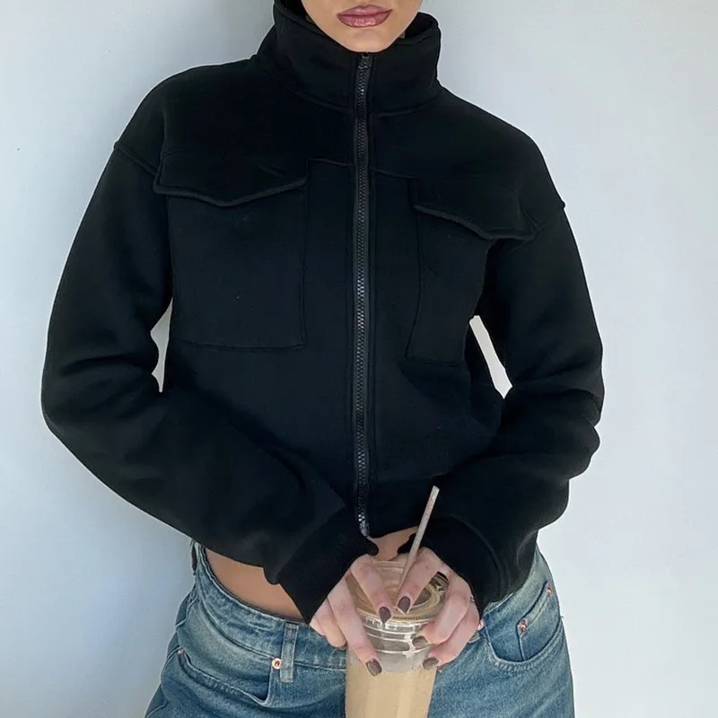 New Pure Color Slimming Loose Short Turtleneck Coat - Black