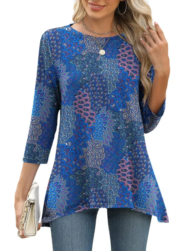 Women's Three quarter Sleeve Waist Loose Round Neck Casual Top 4 Style Xl - Shop at LoveMi