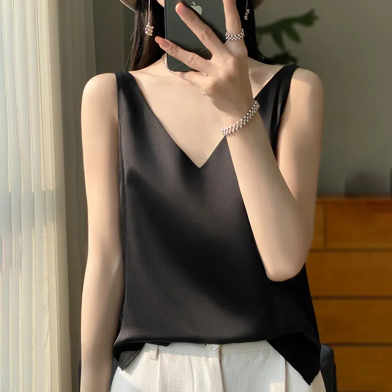 Sling Vest Inner Match Satin Silky Base Loose Sleeveless Top - Black
