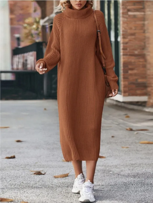 Winter Turtleneck Knitted Sweater Dress Fashion Solid Loose Pullover Long Dresses For Women Clothing Caramel Color S - Shop at LoveMi