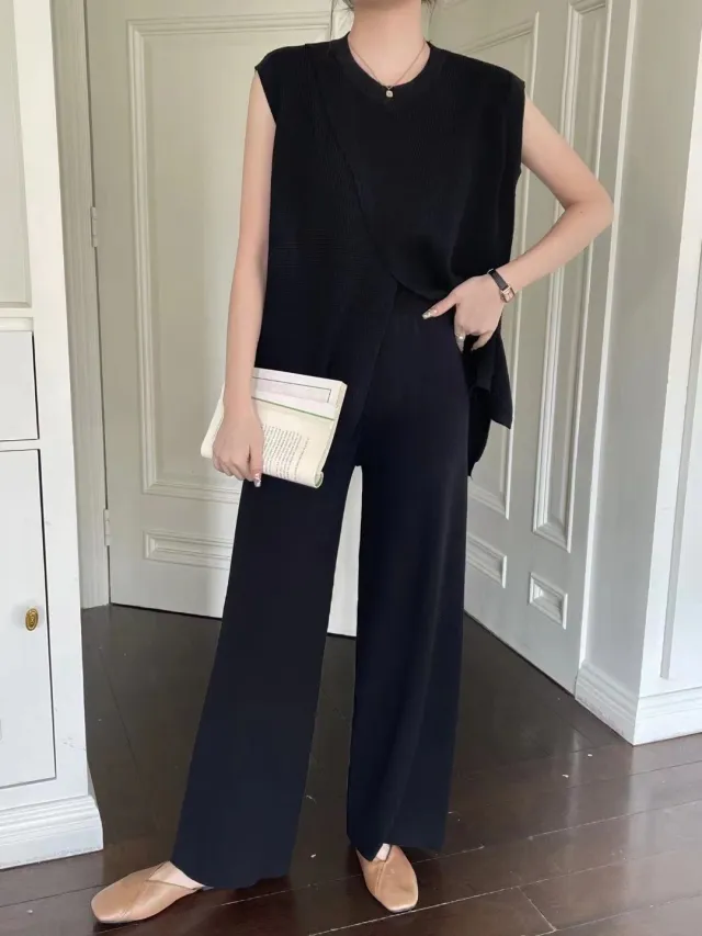 Sleeveless Crew Neck Slim Fit Striped Knit Top And Wide Leg Pants Set Black - Shop at LoveMi