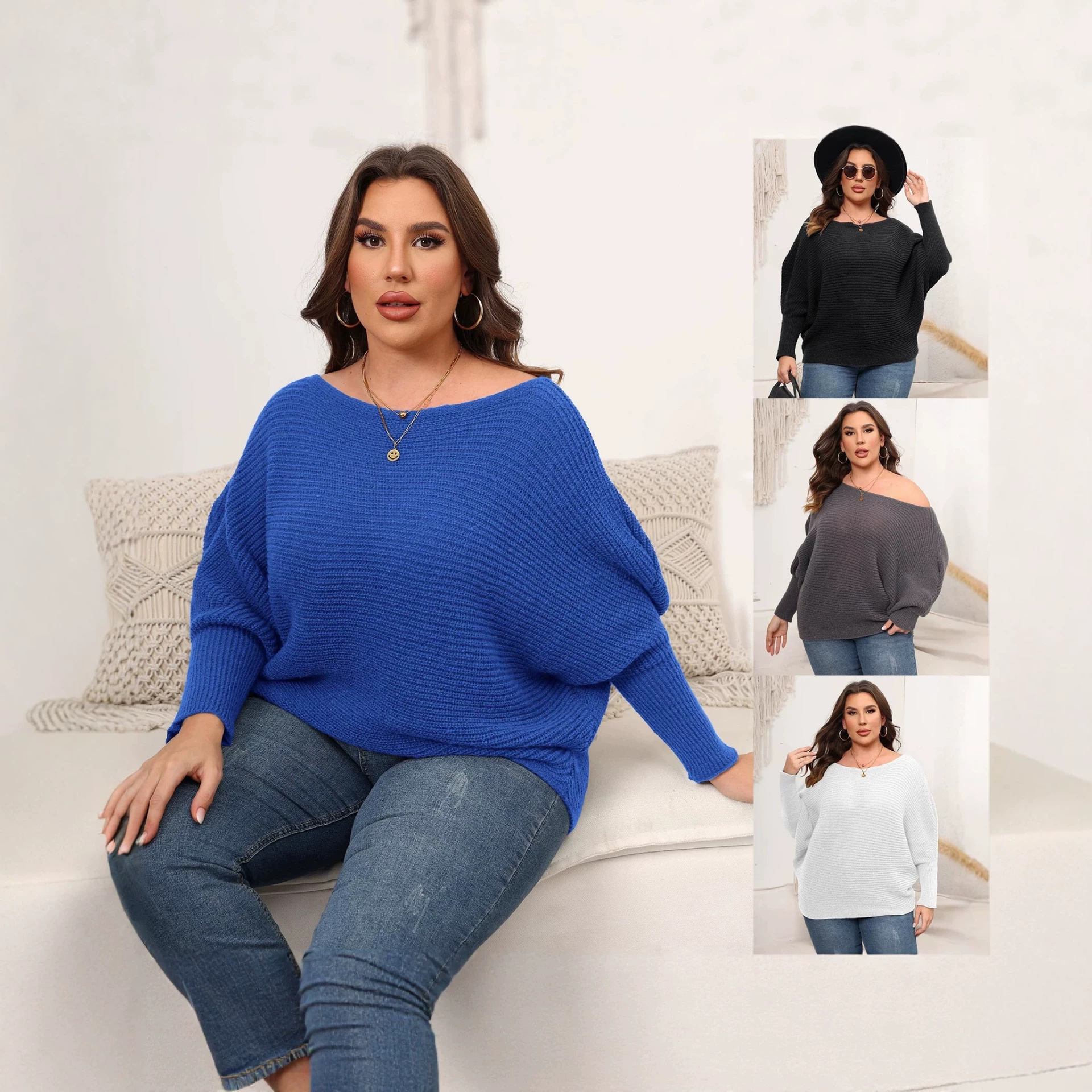 Autumn And Winter One Neck Loose Sweater With Exposed Shoulders