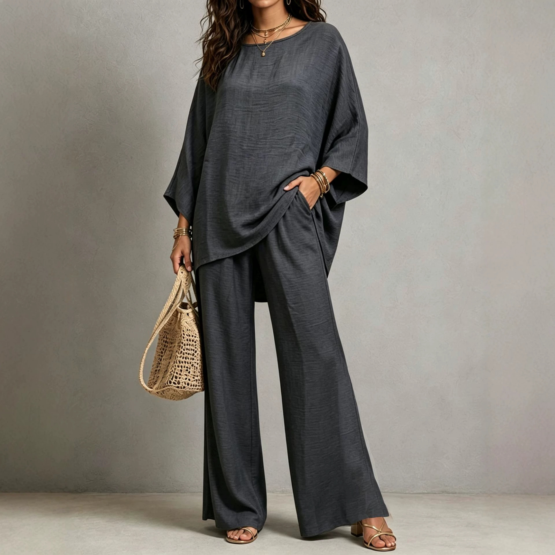 Cotton-linen Resort-style Top And Wide-leg Pants Two-piece Set