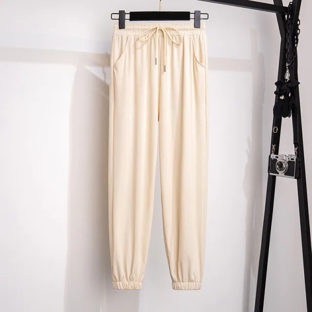 High Waist Loose Cropped Ice Silk Leggings For Women Apricot - Shop at LoveMi