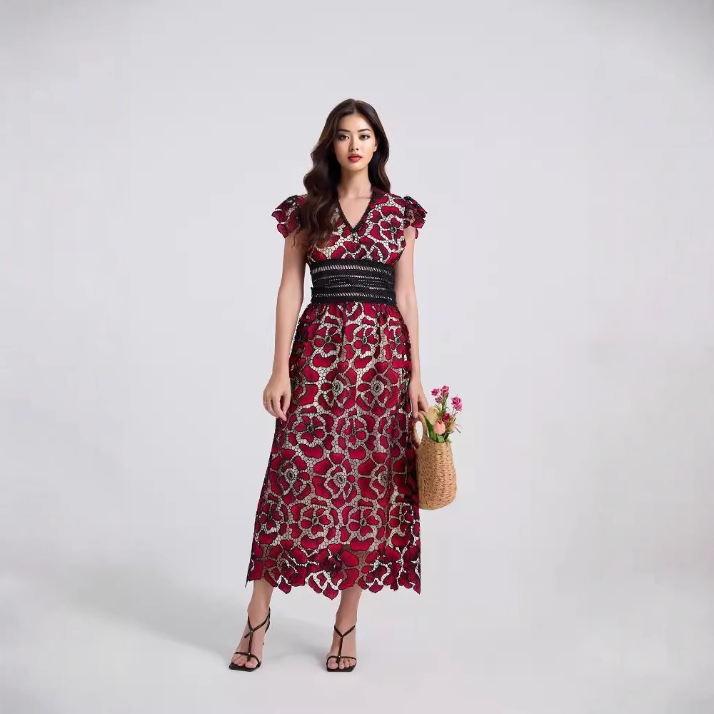 V-neck Lace Puff Sleeve Embroidered Solid Color Dress