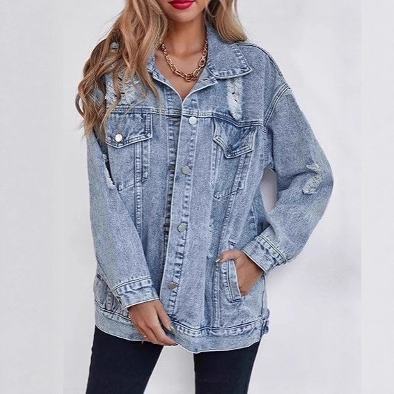 Fashionable Loose-fit Distressed Denim Jacket