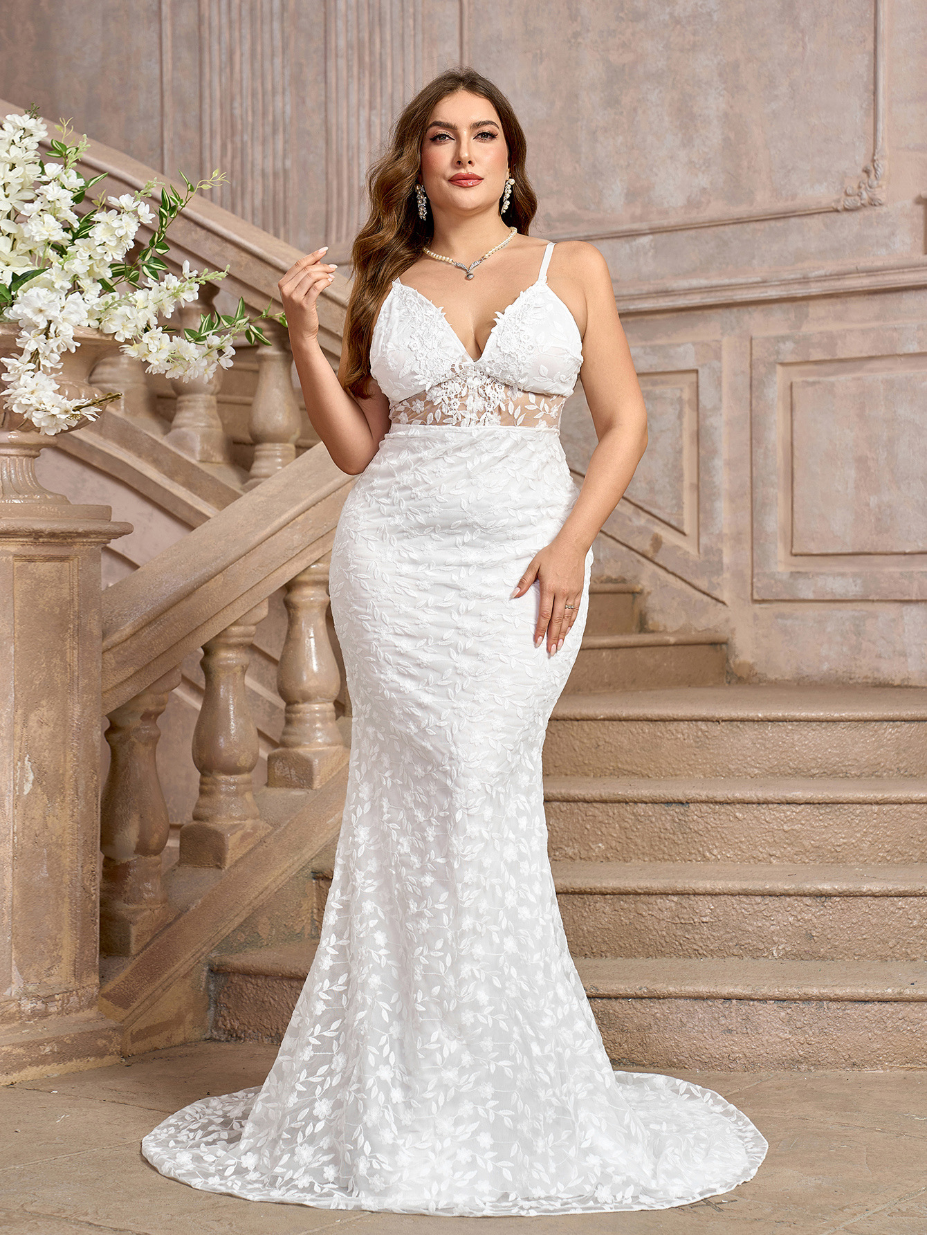 Plus Size White Lace Sexy Spaghetti Strap Wedding Dress for Summer