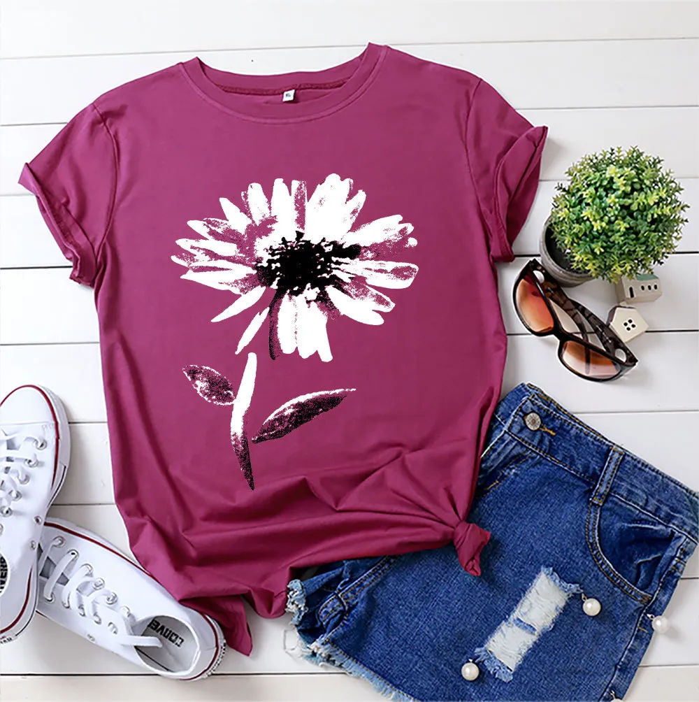 Women's Floral Printed Cotton Short-sleeved T-shirt Top - Wine Red