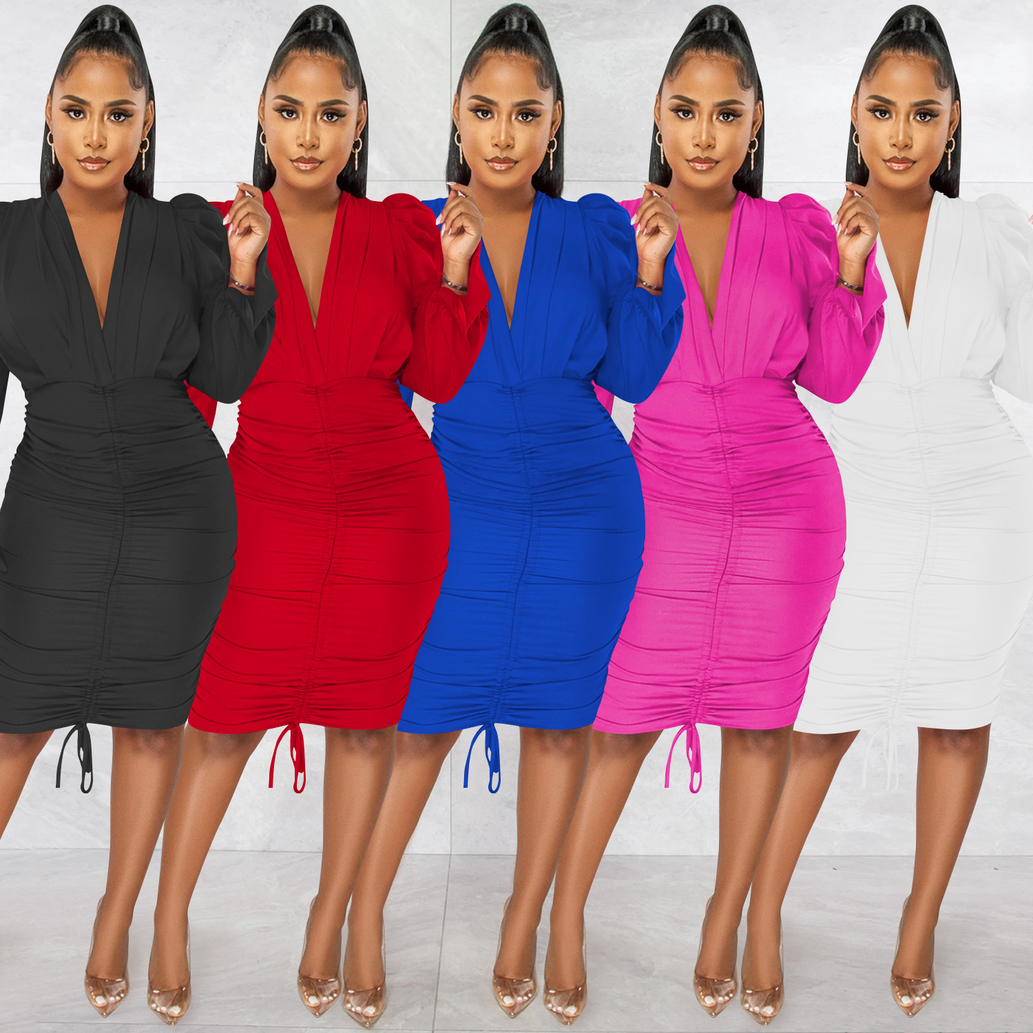Fashionable Casual Solid-color Long-sleeve Pleated V-neck Dress For Women