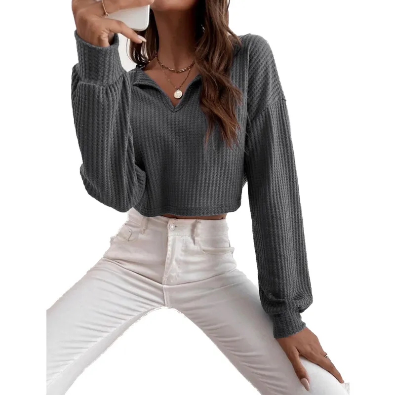 New Women's V-neck Solid-color Cropped Long-sleeve T-shirt - Gray