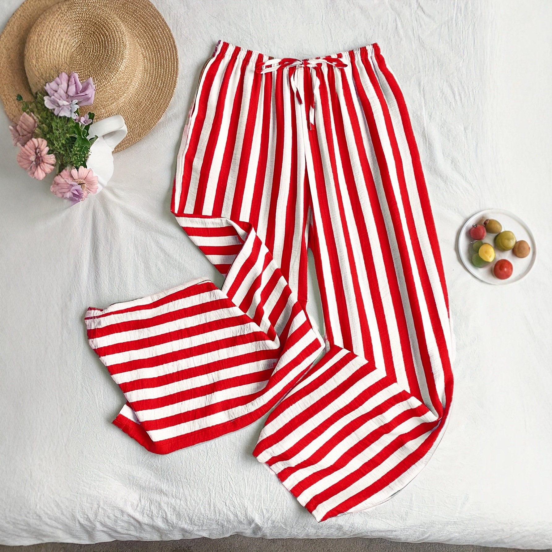 Red And White Striped Wide-leg Pants For Women Light Weight Suitable For Casual Wear