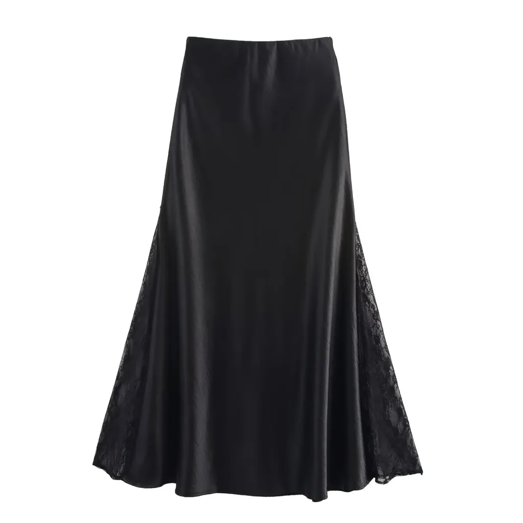 Spring And Summer Double-sided Lace High Open Fishtail Large Swing Satin Dress Skirt Skirt - Black