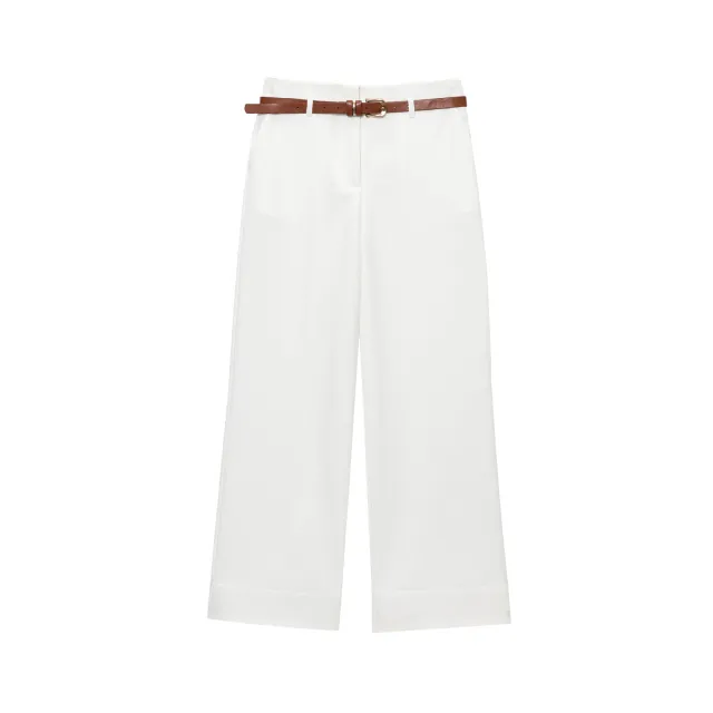 Western Style With Belt Curling Trousers White - Shop at LoveMi