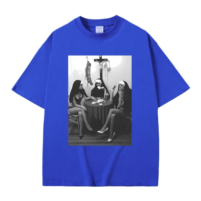 Nuns Naked Playing Card Smoking Drinking Funny Meme T Shirt Bule - Shop at LoveMi