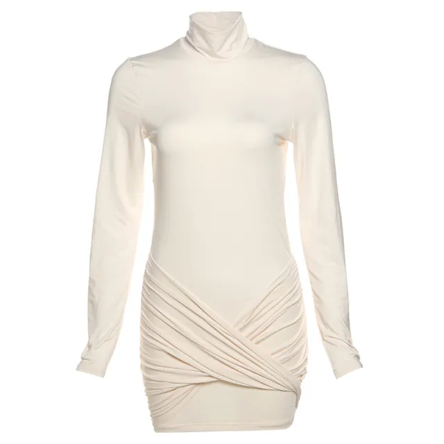 Women's Turtleneck Long Sleeve Pleated Backless Dress Light Apricot - Shop at LoveMi